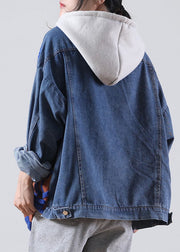 Plus Size Blue Hooded drawstring denim Patchwork Sweater Winter