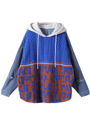 Plus Size Blue Hooded drawstring denim Patchwork Sweater Winter