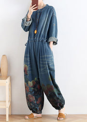 Plus Size Blue O-Neck Button Floral Cotton Denim Jumpsuit Long Sleeve