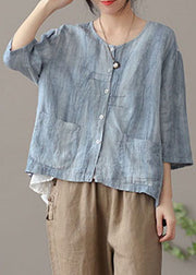 Plus Size Blue O-Neck Button Linen Shirt Top Bracelet Sleeve