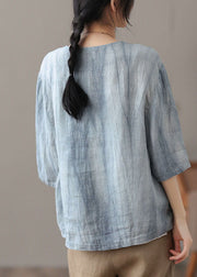 Plus Size Blue O-Neck Button Linen Shirt Top Bracelet Sleeve