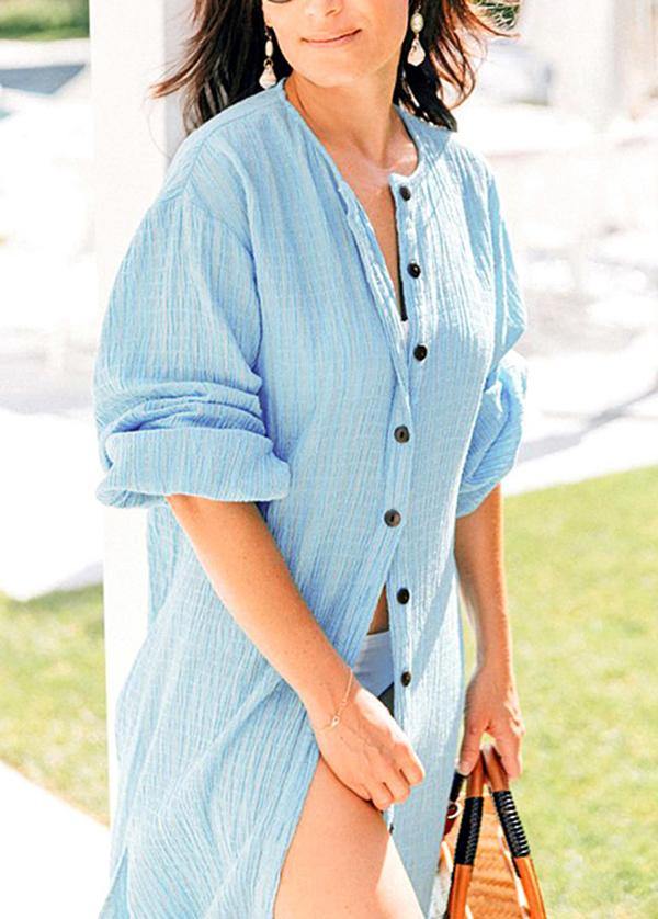 Plus Size Blue O-Neck Button Summer Cotton long shirts - SooLinen