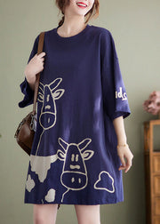 Plus Size Blue O-Neck Cow Print Cotton Urlaubskleider Kurzarm