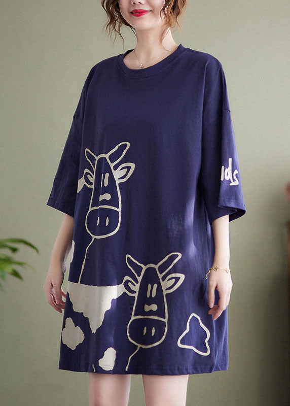 Plus Size Blue O-Neck Cow Print Cotton Urlaubskleider Kurzarm