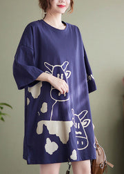 Plus Size Blue O-Neck Cow Print Cotton Urlaubskleider Kurzarm