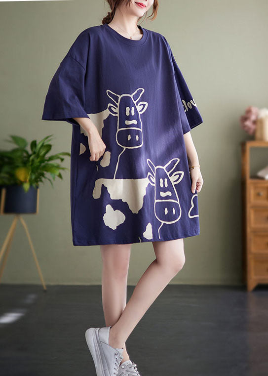 Plus Size Blue O-Neck Cow Print Cotton Vacation Dresses Short Sleeve