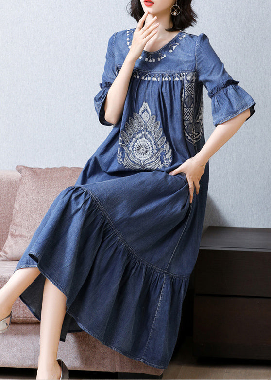 Plus Size Blue O-Neck Bestickte Rüschen Cotton Denim Dress Flare Sleeve