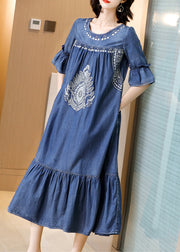 Plus Size Blue O-Neck Bestickte Rüschen Cotton Denim Dress Flare Sleeve