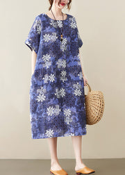 Plus Size Blue O-Neck Print Cotton Holiday Dress Short Sleeve