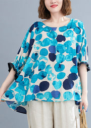 Plus Size Blue O-Neck Ruffled Dot Print Cotton Loose Blouses Short Sleeve