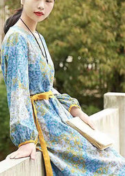 Plus Size Blue O-Neck tie waist Cinched Print Long Dresses Long Sleeve