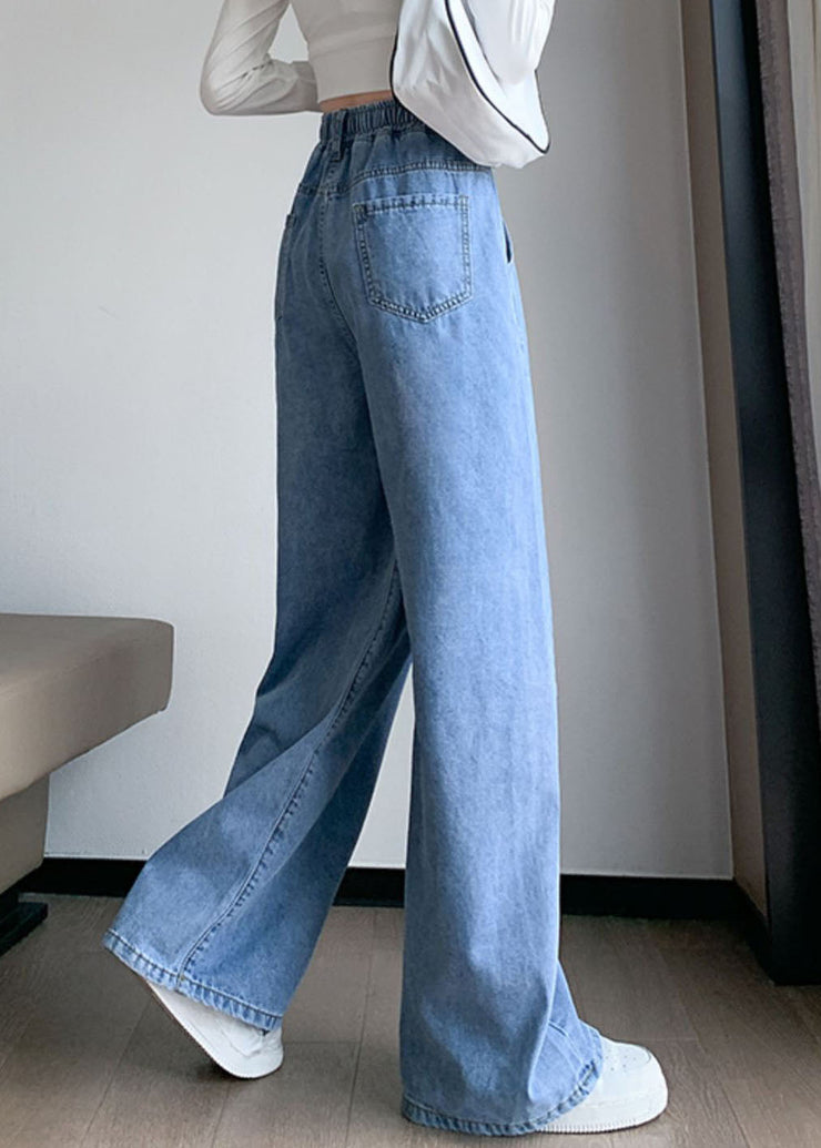 Plus Size Blue Original Design Elastic Waist Pockets Cotton Denim Wide Leg Pants Summer