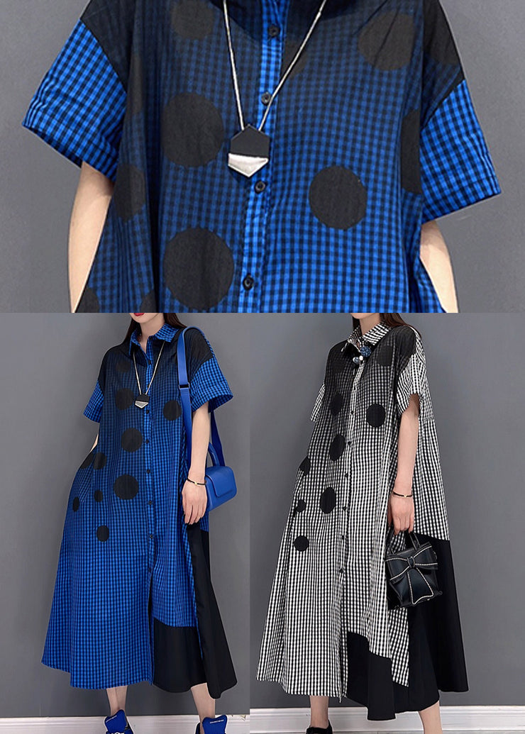 Plus Size Blue Peter Pan Collar Button Plaid Shirt Dress Short Sleeve