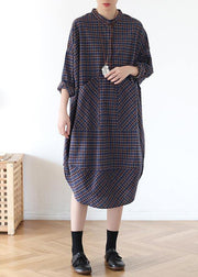 Plus Size Blue Plaid Cotton long shirt Button Spring Long Dresses - SooLinen