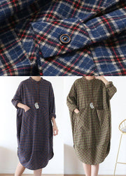 Plus Size Blue Plaid Cotton long shirt Button Spring Long Dresses - SooLinen