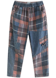 Plus Size Blue Plaid Patchwork denim Pants Spring