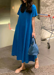 Plus Size Blue Pockets Cotton Long Dress Short Sleeve