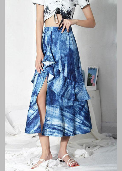 Plus Size Blue Tie Dye Asymmetrical design Ruffles Skirts - SooLinen