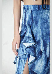 Plus Size Blue Tie Dye Asymmetrical design Ruffles Skirts - SooLinen