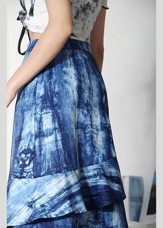 Plus Size Blue Tie Dye Asymmetrical design Ruffles Skirts - SooLinen