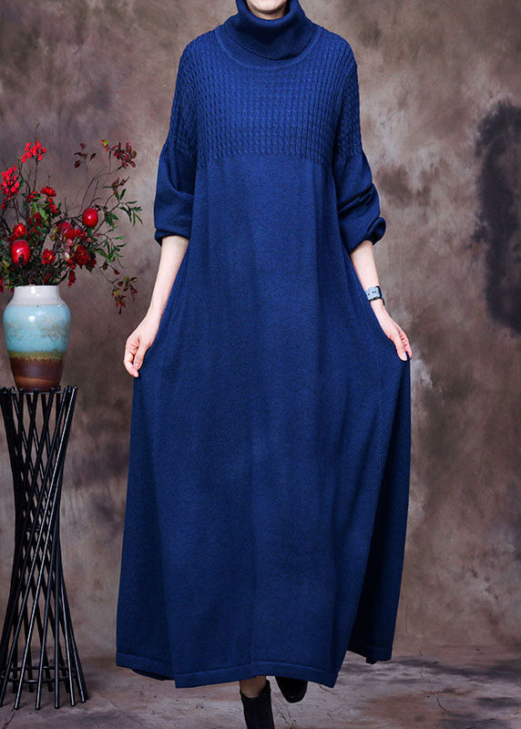 Plus Size Blau Rollkragen Langes Strickkleid Winter