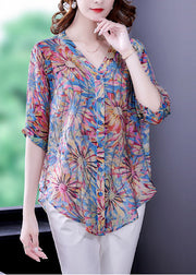 Plus Size Blue V Neck Button Print Chiffon Shirt Top Half Sleeve