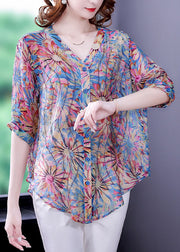 Plus Size Blau V-Ausschnitt Button Print Chiffon Shirt Top Half Sleeve