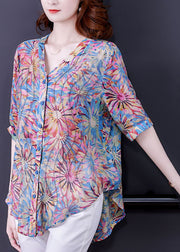 Plus Size Blau V-Ausschnitt Button Print Chiffon Shirt Top Half Sleeve