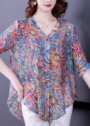 Plus Size Blau V-Ausschnitt Button Print Chiffon Shirt Top Half Sleeve