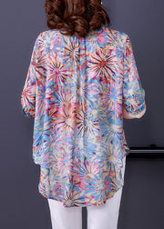 Plus Size Blau V-Ausschnitt Button Print Chiffon Shirt Top Half Sleeve