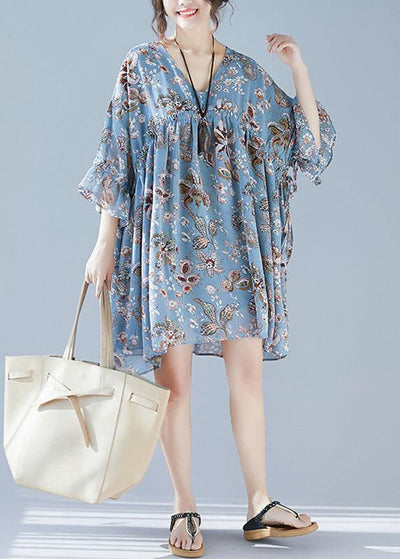 Plus Size Blue V Neck Loose Print Summer Chiffon Long Dresses Half Sleeve - SooLinen