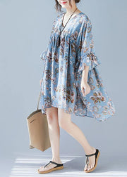 Plus Size Blue V Neck Loose Print Summer Chiffon Long Dresses Half Sleeve - SooLinen