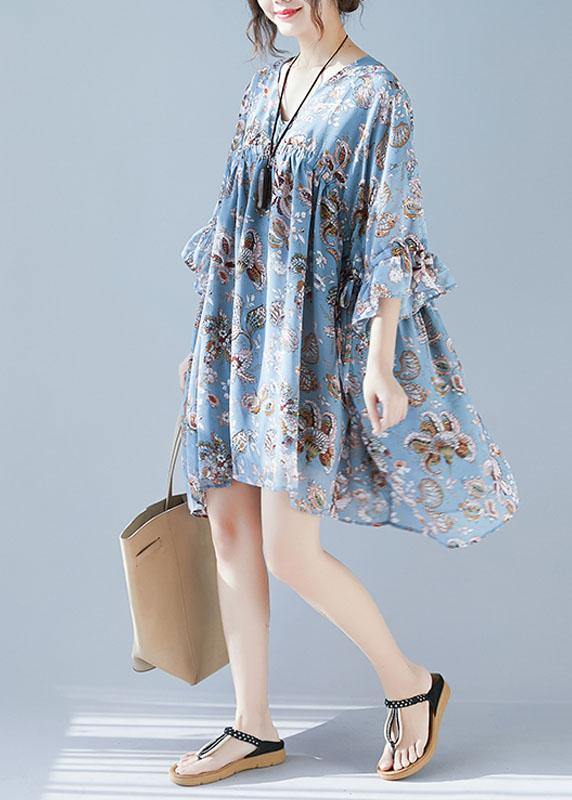 Plus Size Blue V Neck Loose Print Summer Chiffon Long Dresses Half Sleeve - SooLinen