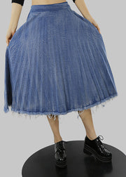 Plus Size Blue Zip Up elastic waist pleated skirts Spring