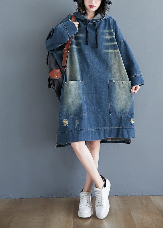 Plus Size Blue drawstring Hooded pocket Denim Dress Long Sleeve