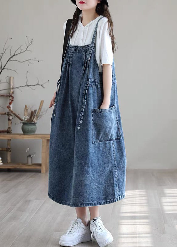 Plus Size Blue drawstring pocket Spaghetti Strap Cotton denim Dress Spring