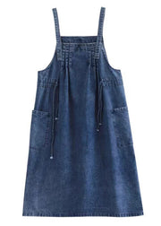 Plus Size Blue drawstring pocket Spaghetti Strap Cotton denim Dress Spring