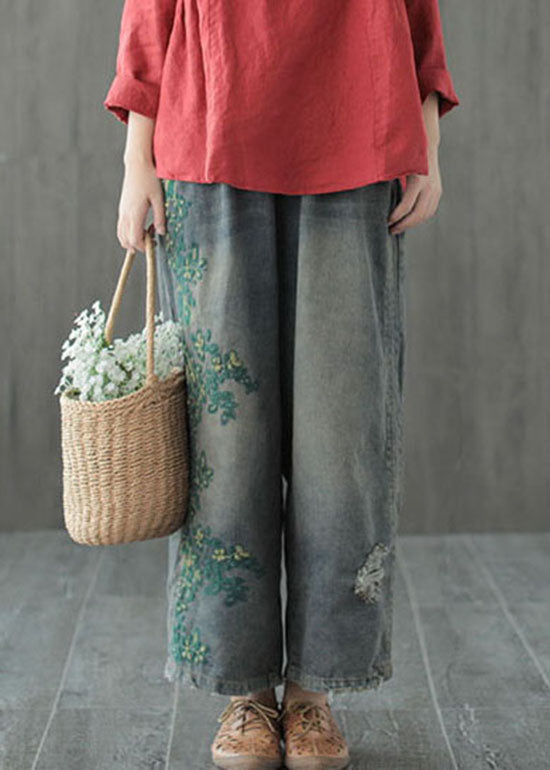 Plus Size Blue hole Embroideried denim Cotton wide leg Pants Spring