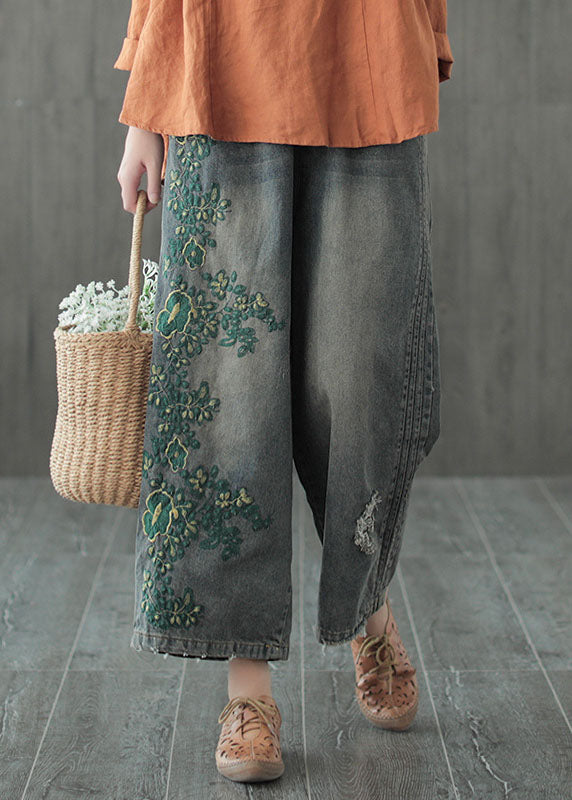 Plus Size Blue hole Embroideried denim Cotton wide leg Pants Spring