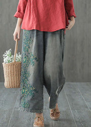 Plus Size Blue hole Embroideried denim Cotton wide leg Pants Spring