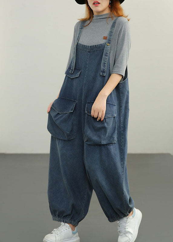 Plus Size Blaue Taschen Cotton Denim Jumpsuit Spring