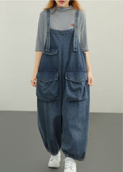 Plus Size Blue pockets Cotton denim Jumpsuit Spring