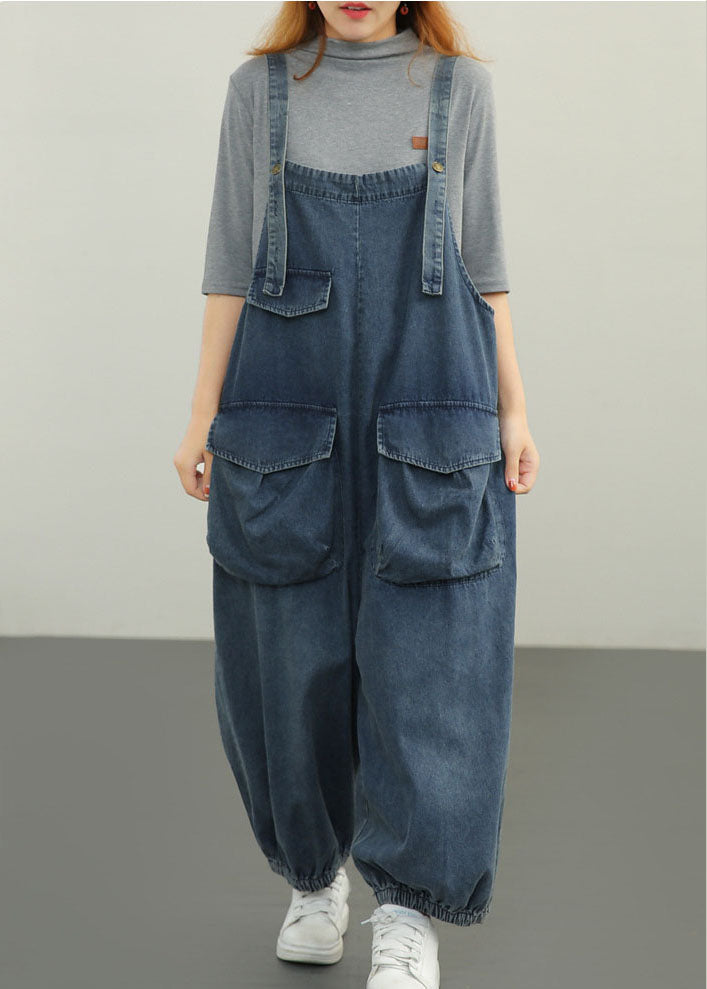 Plus Size Blaue Taschen Cotton Denim Jumpsuit Spring