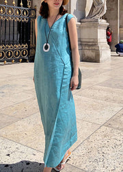 Plus Size Blue side open Linen Long Dress Sleeveless