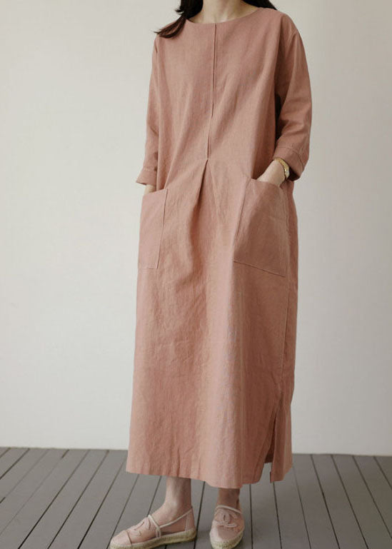 Plus Size Brick Red Pockets Linen Long Dress Spring