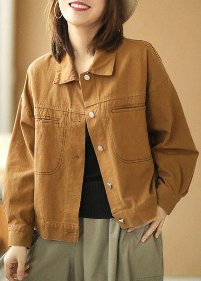 Plus Size Brown Peter Pan Collar Pockets Button Fall Coats Long Sleeve - SooLinen