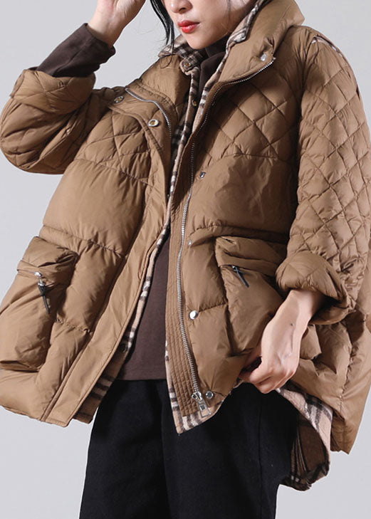 Plus Size Brown Zip Up Pockets Duck Down Winter Coats