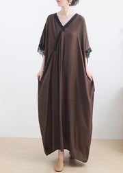 Elegant Chocolate Lace Trim Caftan Maxi Summer Chiffon Dress Gown - SooLinen