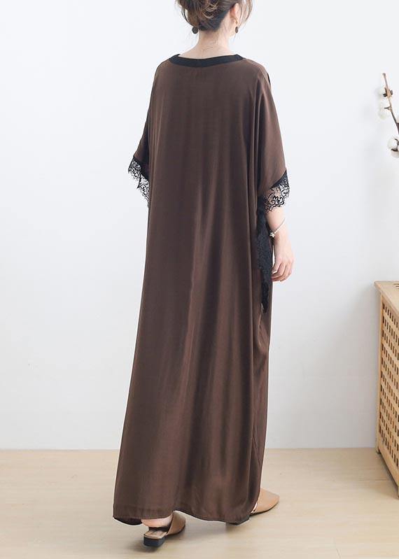 Elegant Chocolate Lace Trim Caftan Maxi Summer Chiffon Dress Gown - SooLinen