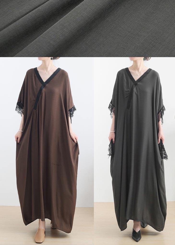 Elegant Chocolate Lace Trim Caftan Maxi Summer Chiffon Dress Gown - SooLinen